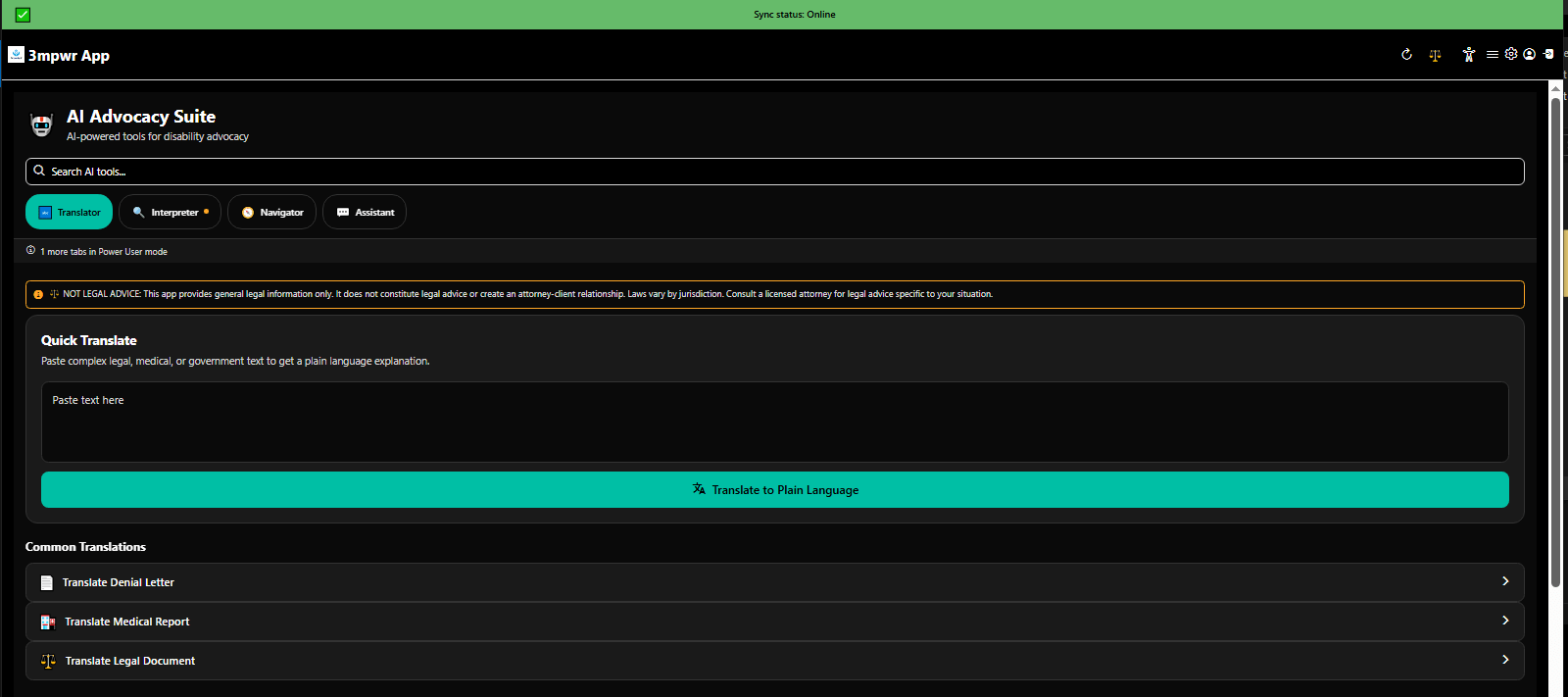 Complete AI Advocacy Suite with 6 AI-powered tools - document translator, form helper, letter generator - 3mpwrApp
