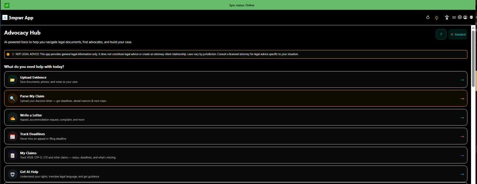 Advocacy Hub main dashboard asking 'What do you need help with today?' - personalized legal support for injured workers - 3mpwrApp