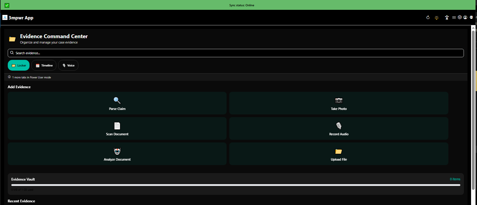 Evidence Command Center - encrypted document storage, timeline builder, voice memos for legal cases - 3mpwrApp