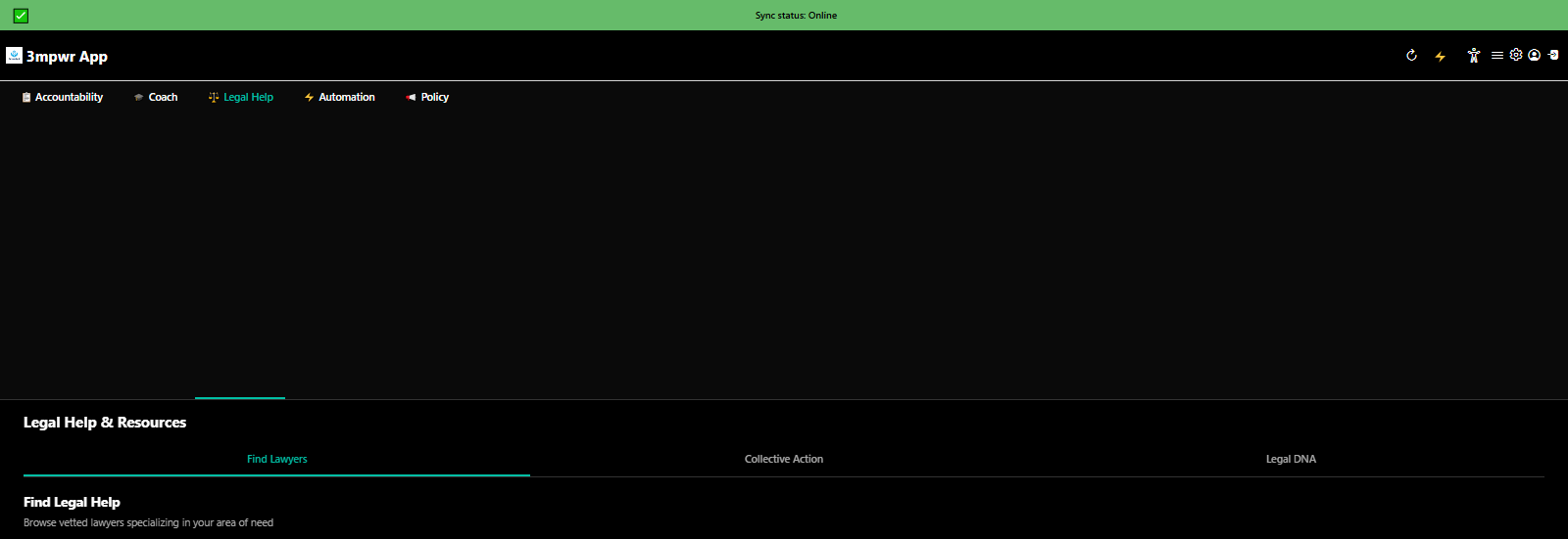 Legal Action Hub with 5 tabs - evidence, appeals, lawyers, case tracking, self-advocacy coach - 3mpwrApp