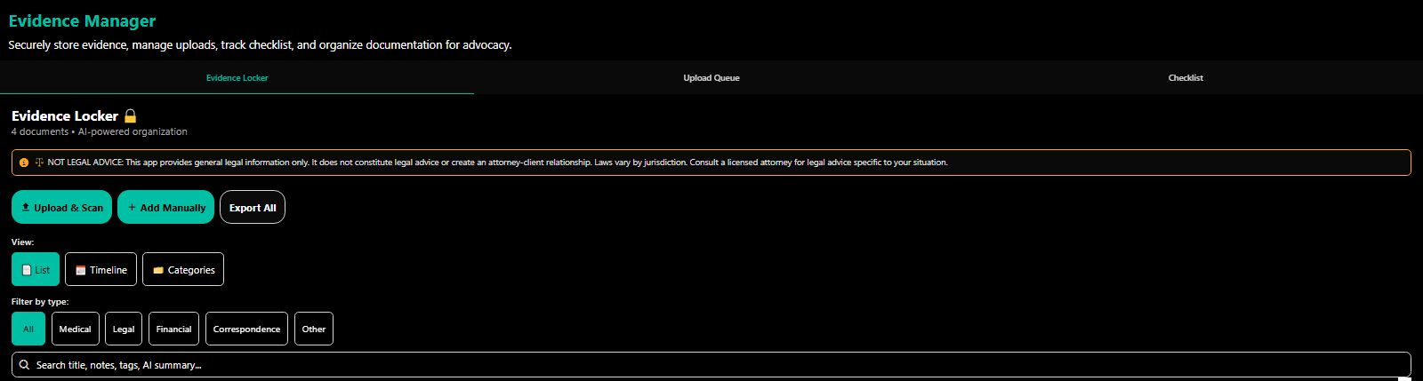 Evidence Manager for organizing case documents