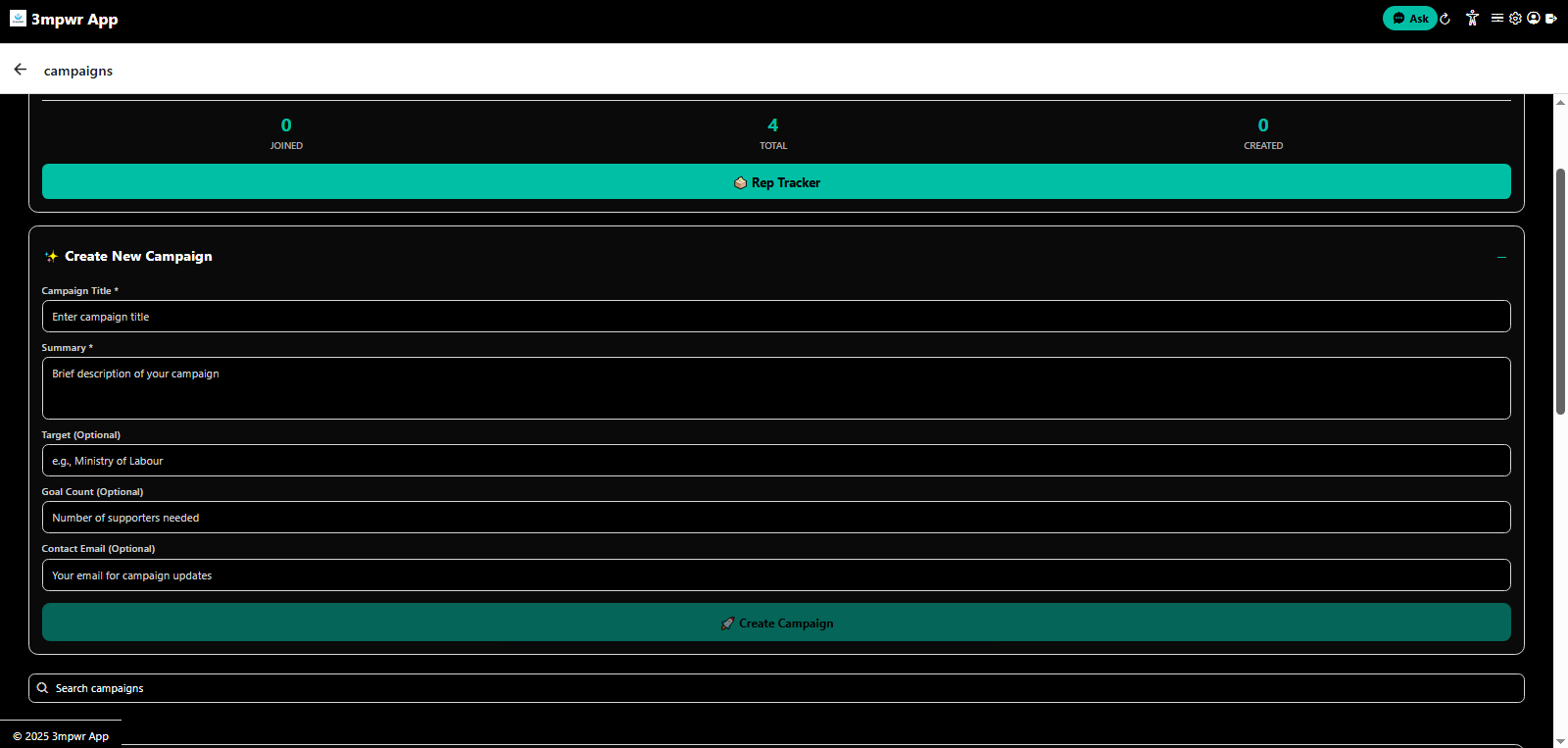 Create new campaign interface
