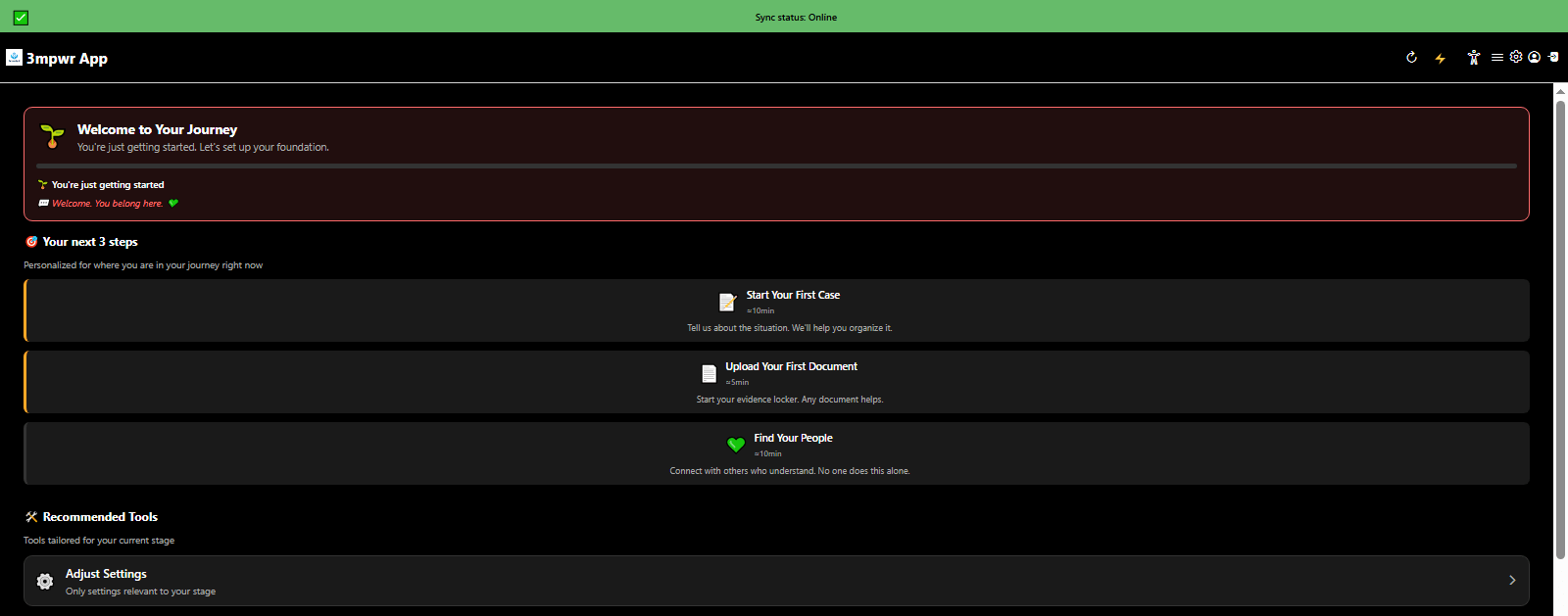 AI Assistant showing personalized next steps and recommended tools for disability advocacy - 3mpwrApp home dashboard
