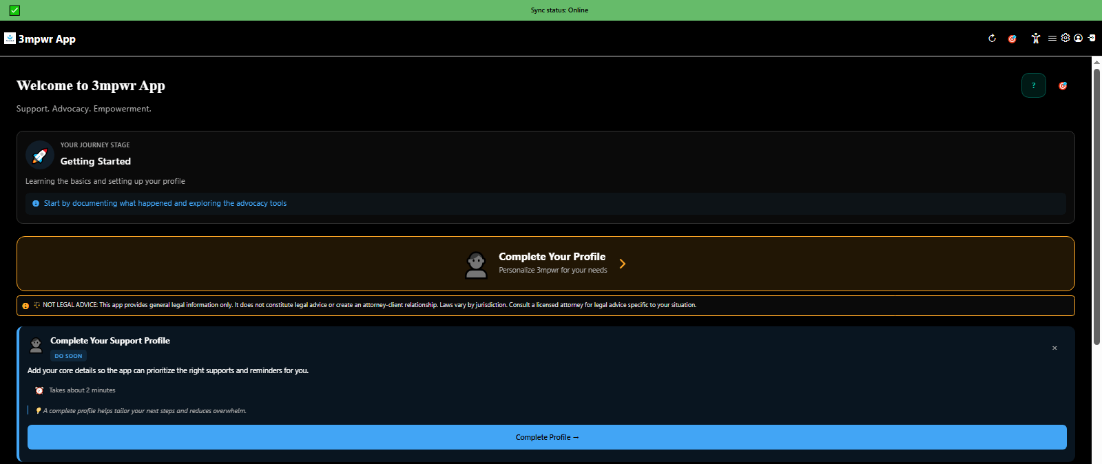 3mpwrApp home dashboard with personalized widgets, quick actions, and AI assistant for disability rights advocacy