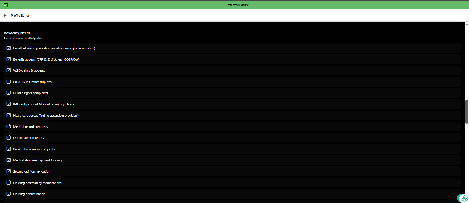 Setup profile step 2: Select advocacy needs (benefits appeals, legal help, housing, employment, healthcare) - 3mpwrApp