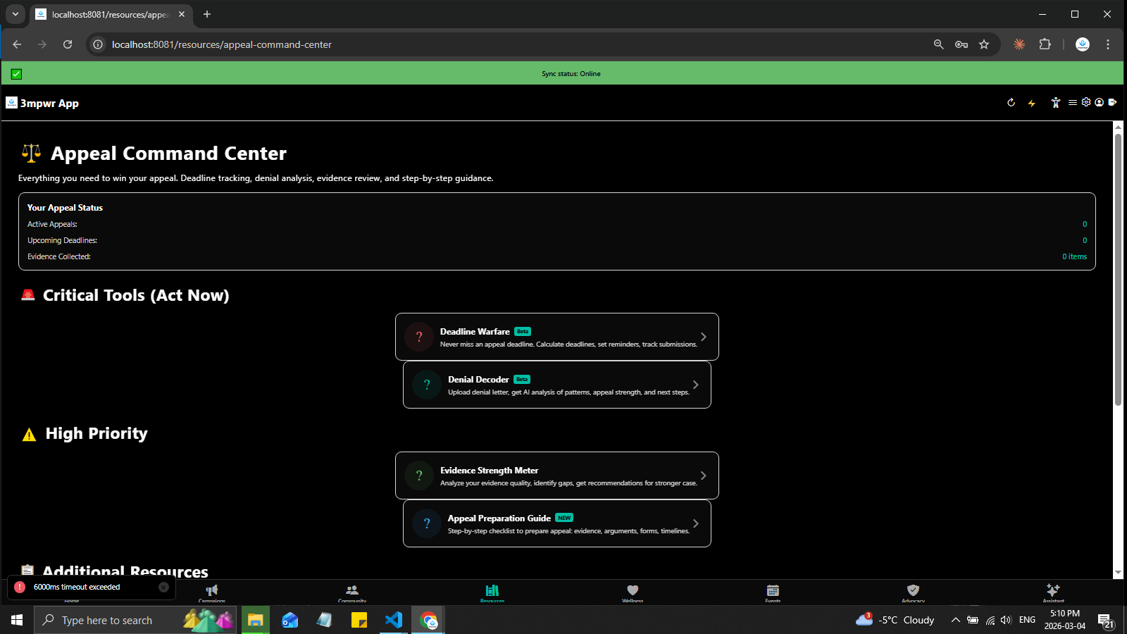 Appeal Command Center showing appeal status, critical deadline tools, and high-priority action items - 3mpwrApp appeals