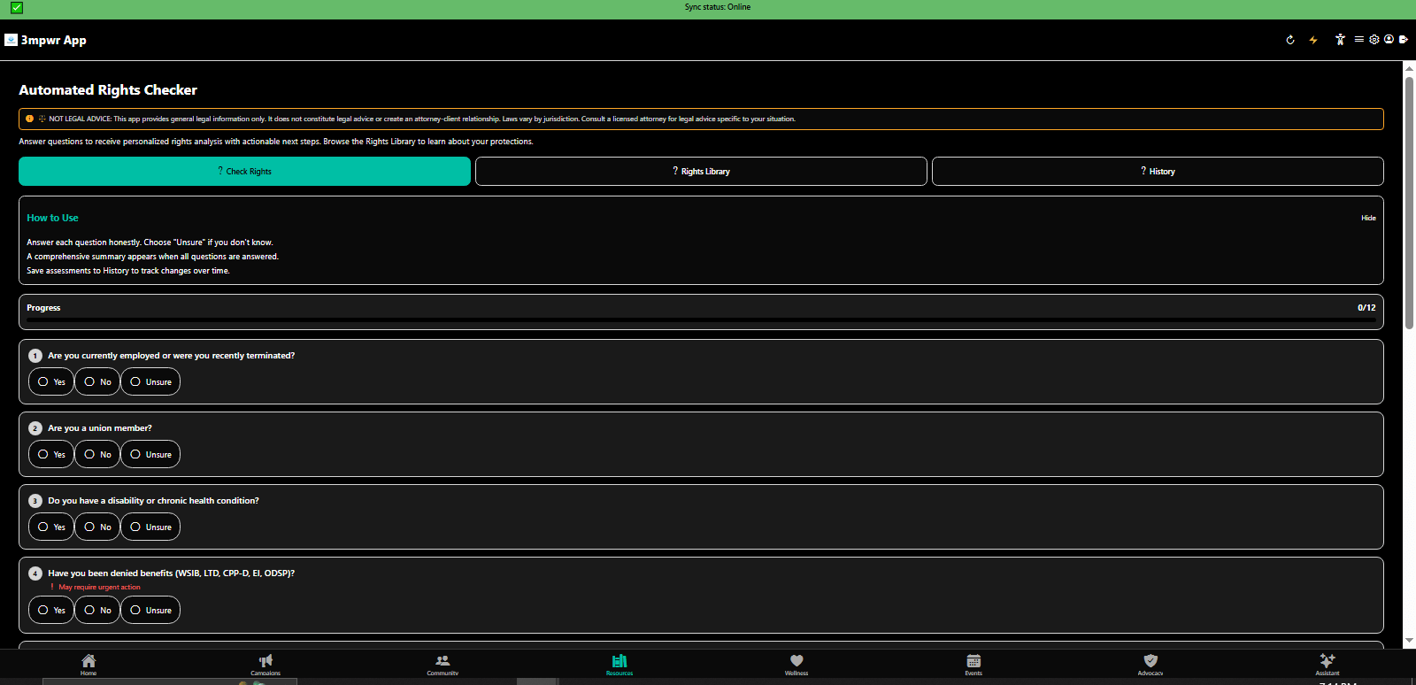 Automated Rights Checker analyzing your situation and checking applicable disability rights - 3mpwrApp legal tools
