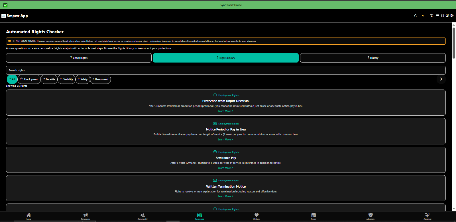 Rights Library with searchable database of disability rights, workers compensation laws, and legal protections - 3mpwrApp