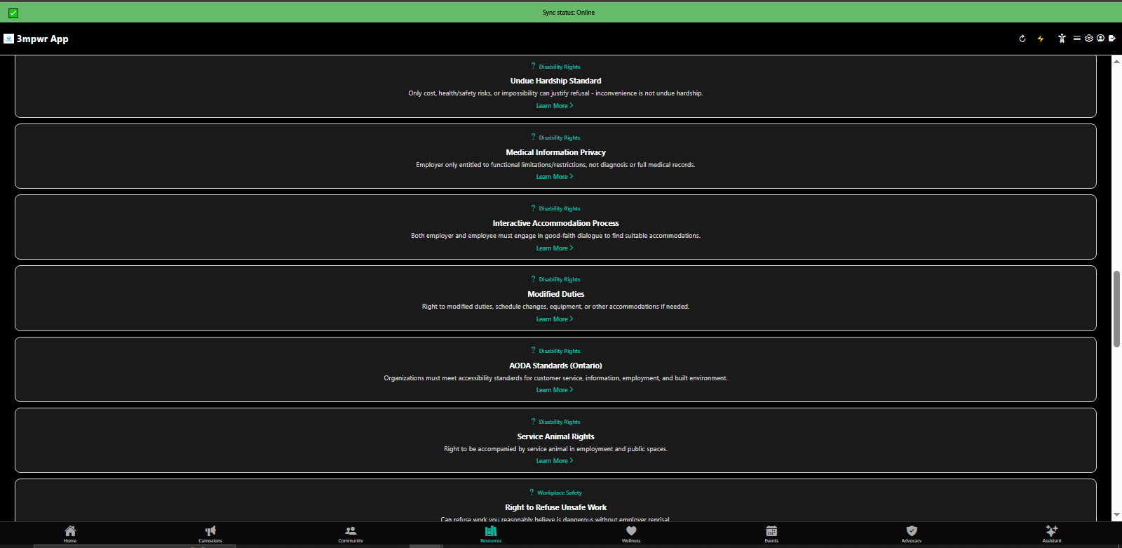 Rights Library organized by category - employment, healthcare, housing, benefits - 3mpwrApp legal resources