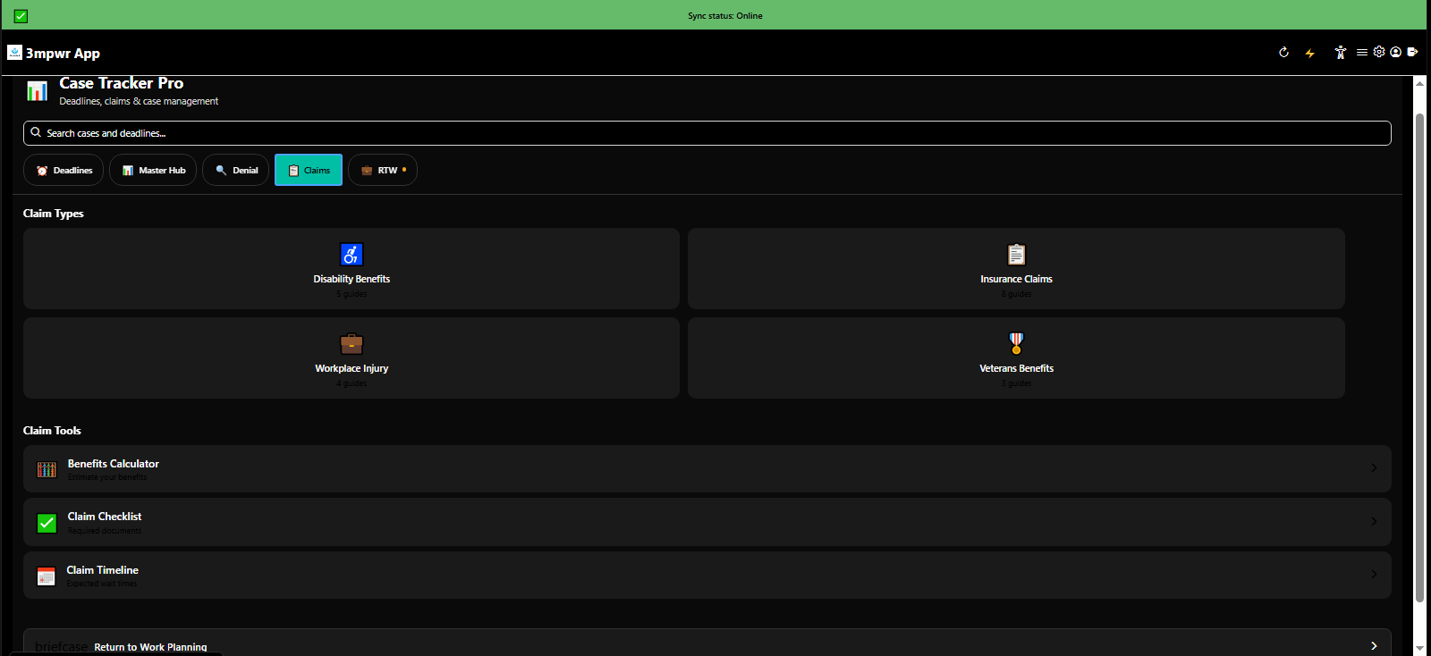 Case Tracker Pro claims management interface tracking status and next actions - workers compensation - 3mpwrApp