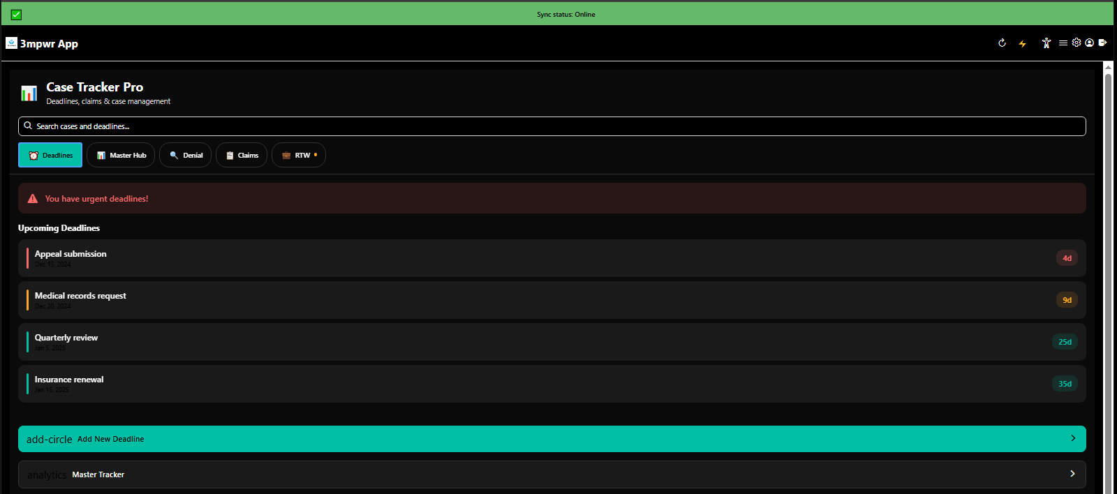 Case Tracker Pro deadline management with alerts and countdown timers - critical legal dates - 3mpwrApp