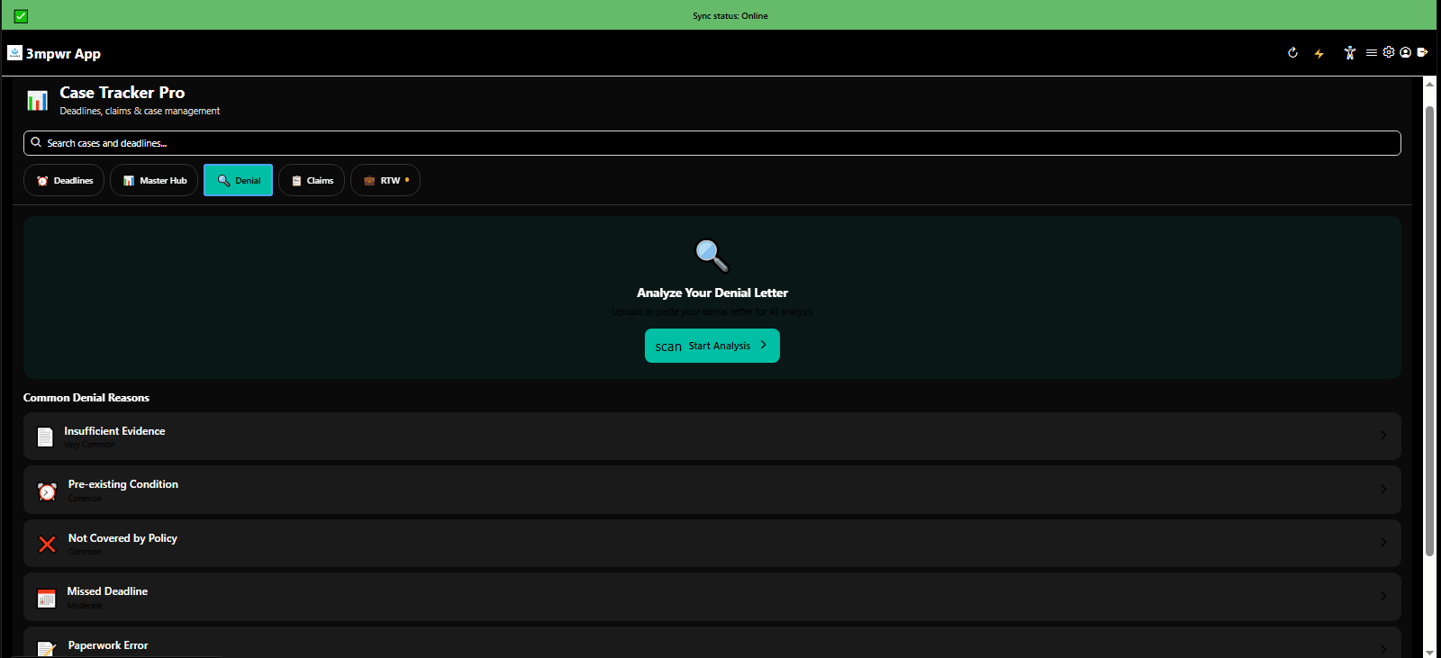 Case Tracker Pro managing claim denials with appeal pathways and resources - workers comp denials - 3mpwrApp
