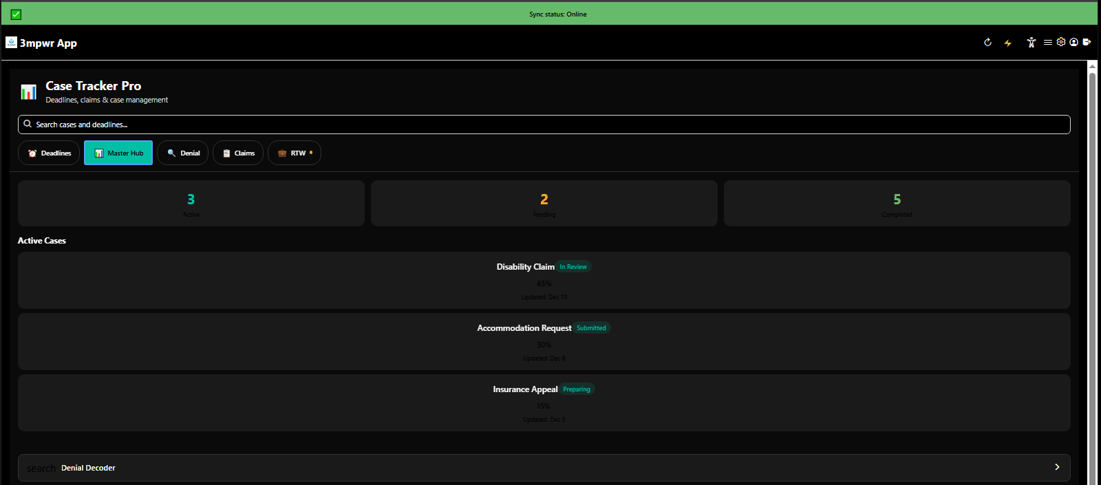 Case Tracker Pro master hub managing multiple claims, deadlines, and case stages - 3mpwrApp case management