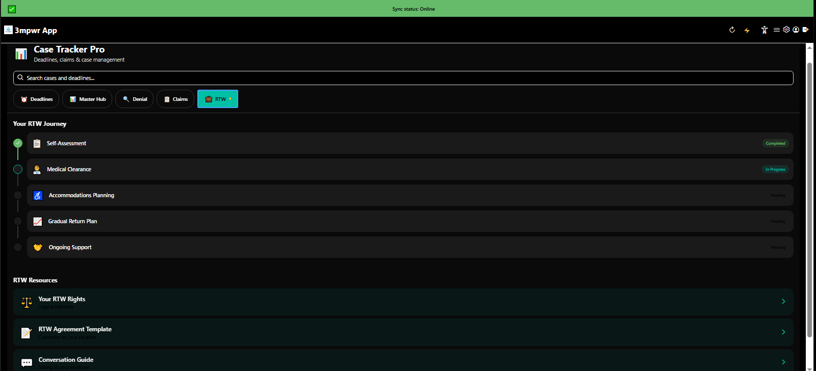 Case Tracker Pro return-to-work planning with accommodation tracking and transition support - 3mpwrApp RTW