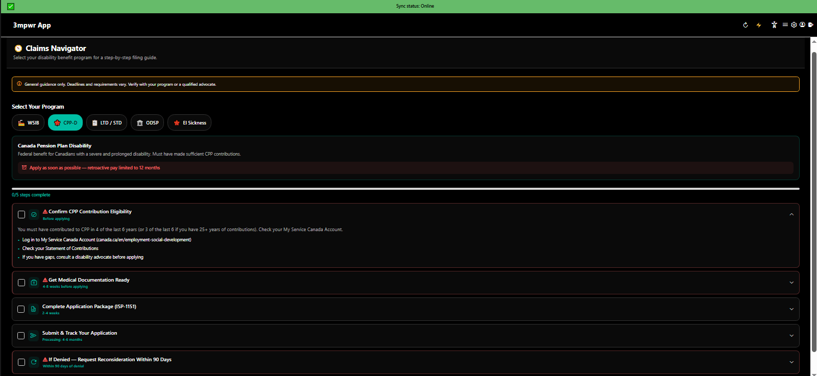 Claims Navigator guiding users through workers compensation claim filing process - step-by-step legal help - 3mpwrApp
