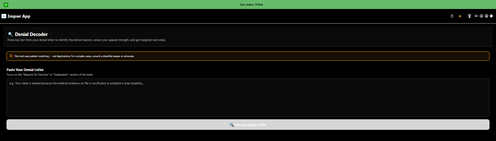 Denial Decoder translating complex denial letters into plain language with appeal strategies - 3mpwrApp AI tools