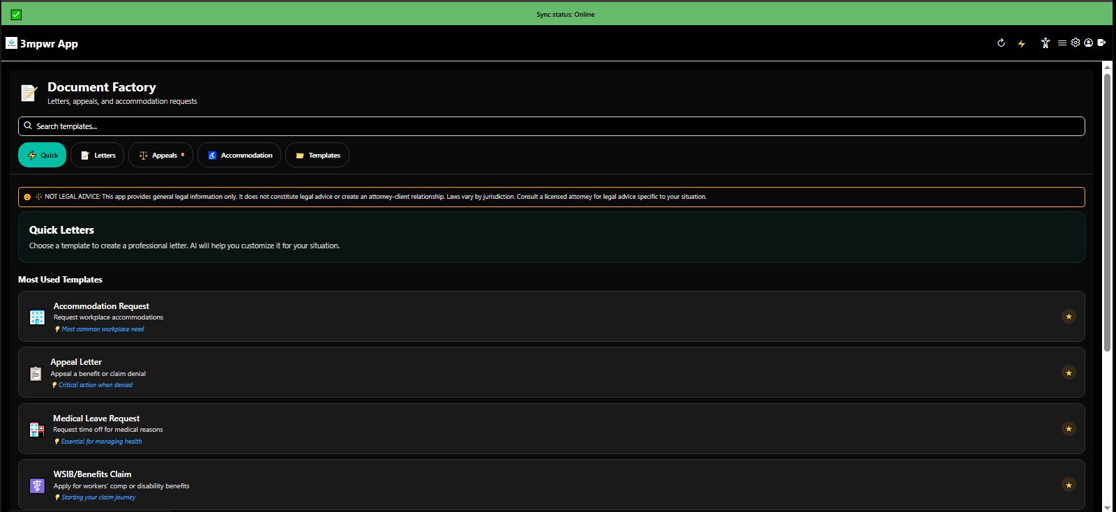 Document Factory generating professional legal letters and forms with AI assistance - 3mpwrApp document automation