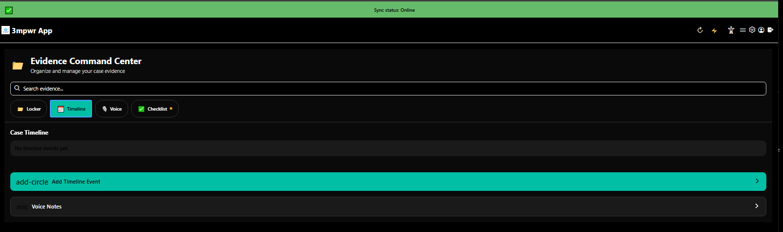 Evidence Command Center timeline view organizing documents chronologically for case building - 3mpwrApp evidence