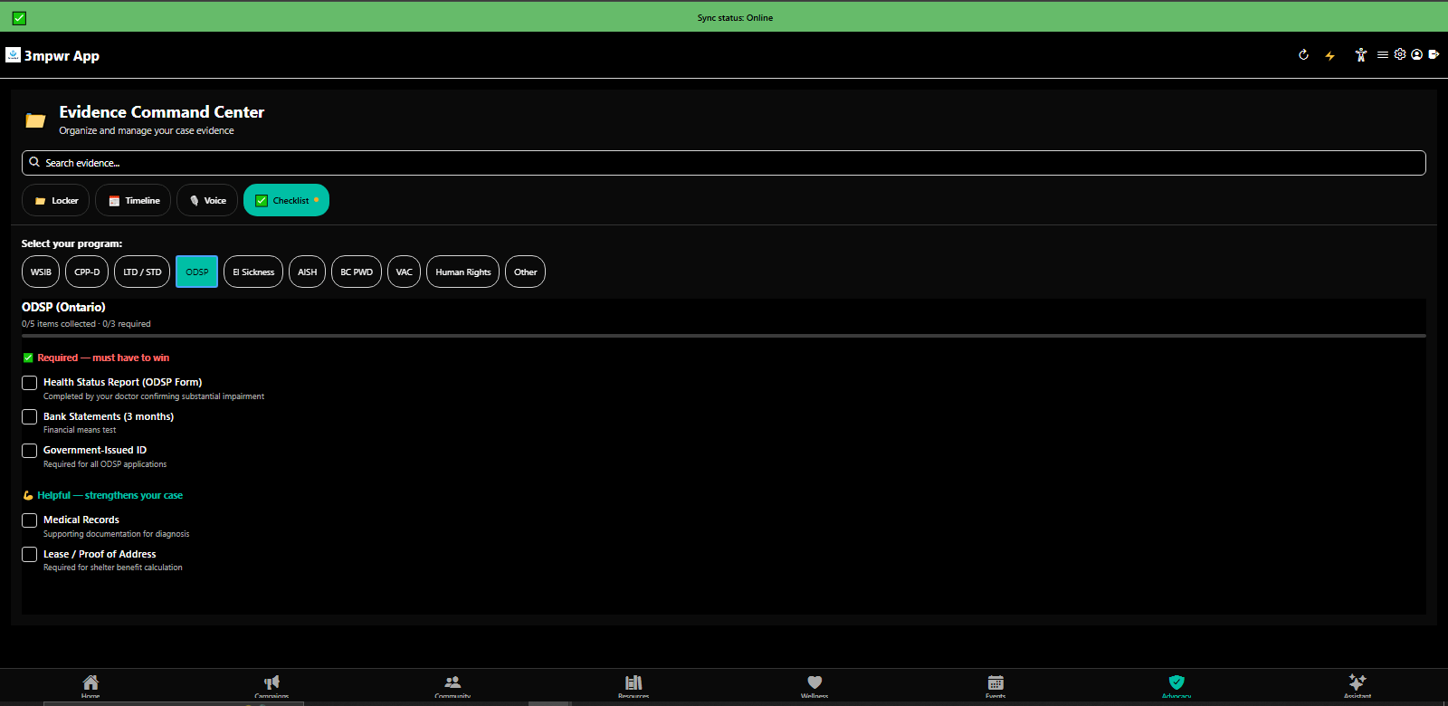Evidence Command Center checklist ensuring all required documentation for appeals - 3mpwrApp case prep
