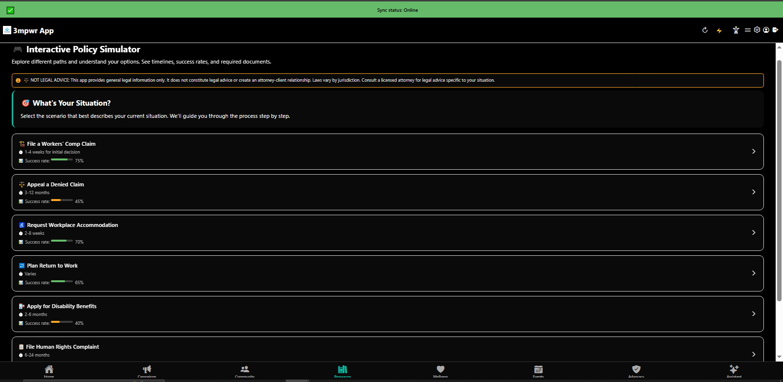 Interactive Policy Simulator asking 'What's your situation?' to provide relevant legal guidance - 3mpwrApp AI