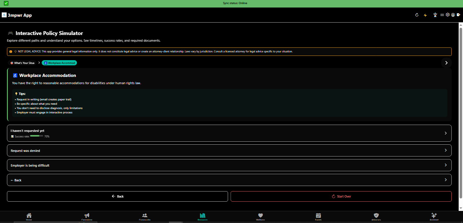 Interactive Policy Simulator: Request workplace accommodations under ADA/human rights laws - 3mpwrApp disability
