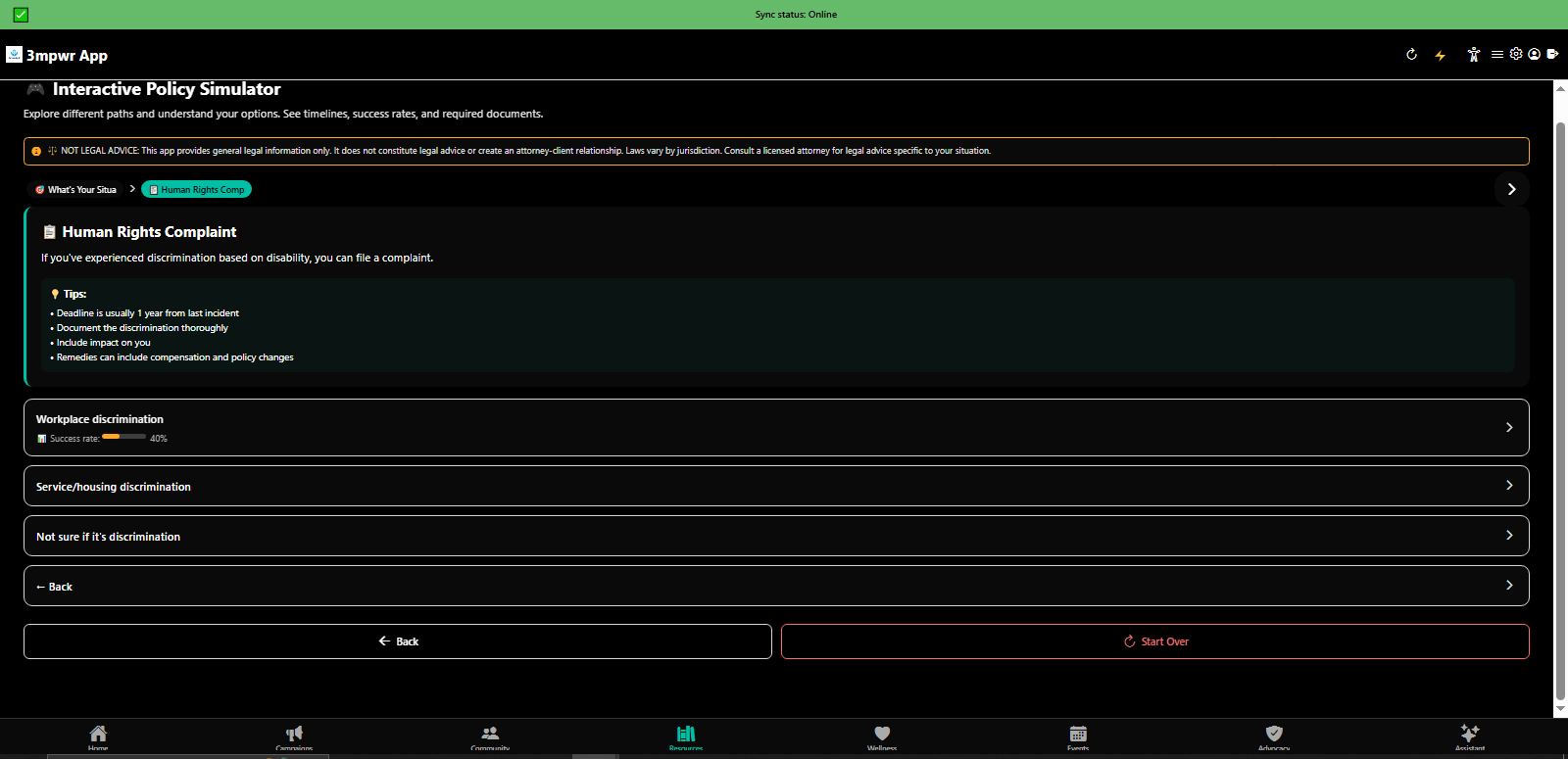 Interactive Policy Simulator: File human rights complaint for discrimination - disability rights - 3mpwrApp