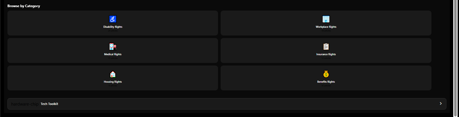 Knowledge Base browse by category - benefits, employment, healthcare, housing, legal rights - 3mpwrApp resources