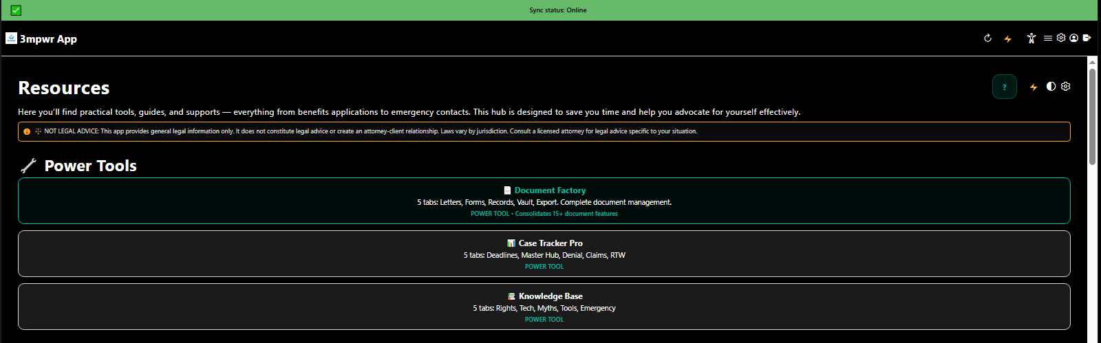 Resources tab showing PowerTools hub with advocacy, wellness, and legal action tools - 3mpwrApp