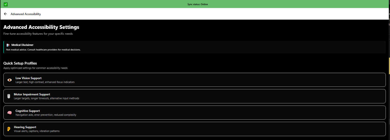 Advanced accessibility settings overview with WCAG AAA compliance options - 3mpwrApp inclusive design