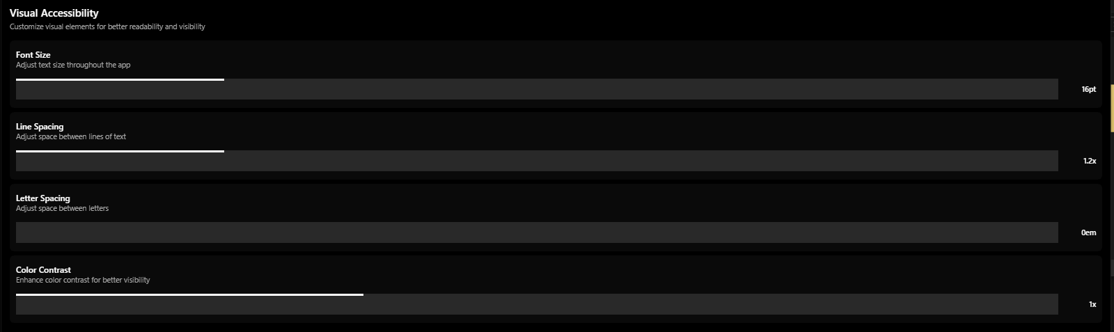 Advanced accessibility visual settings: contrast, color blindness modes, font options - 3mpwrApp vision