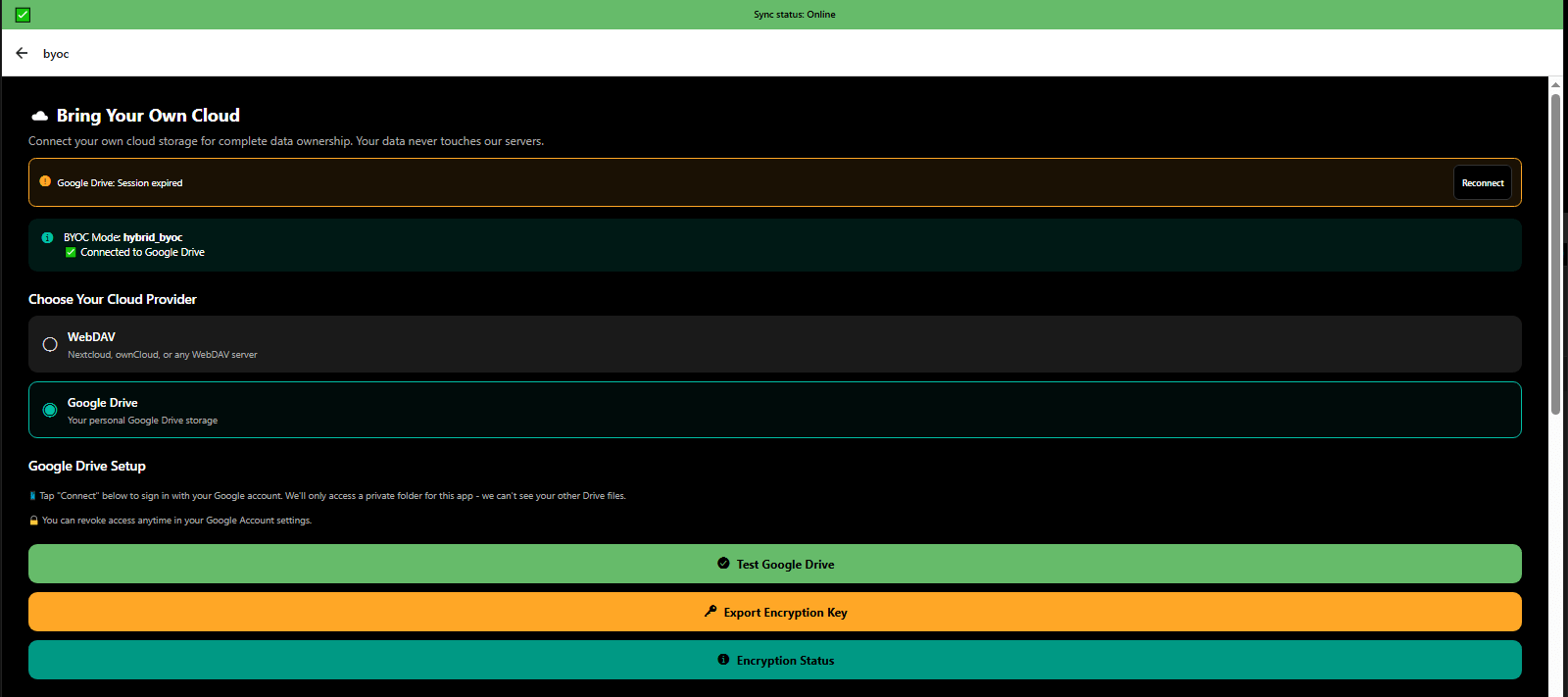 Bring Your Own Cloud (BYOC) connected to Google Drive - user-controlled data storage - 3mpwrApp data ownership