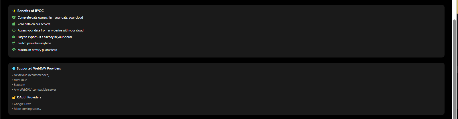 BYOC connection options for Google Drive, Dropbox, or local-only storage - 3mpwrApp data control