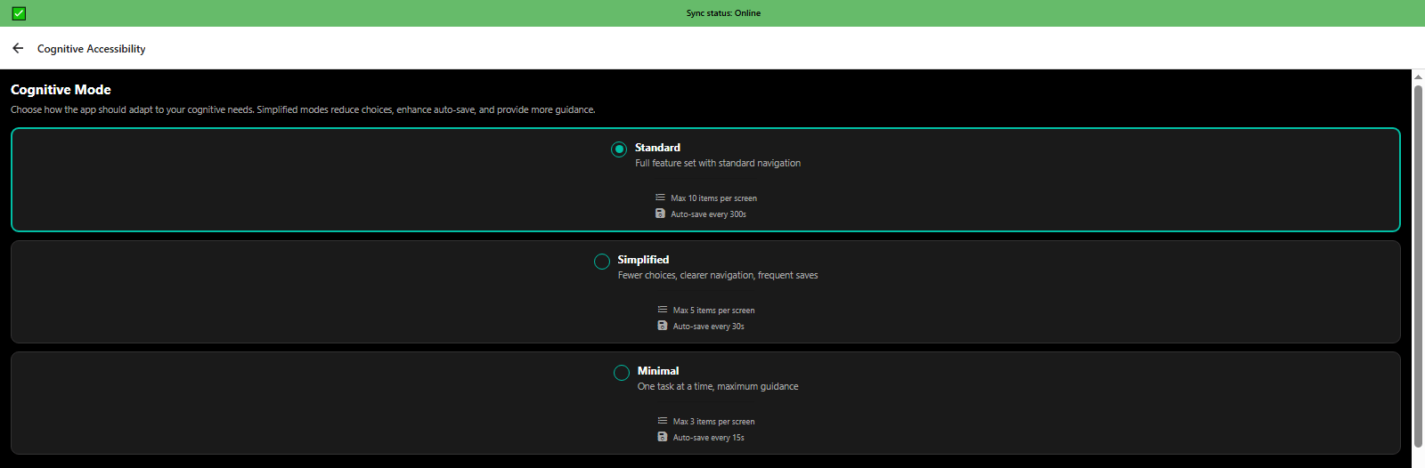 Cognitive accessibility settings reducing cognitive load for neurodivergent users - 3mpwrApp inclusive design