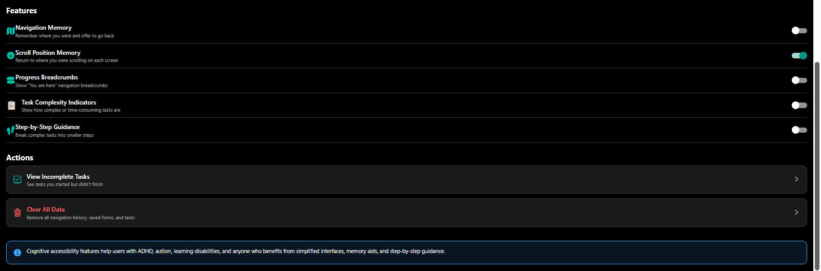 Cognitive accessibility features: simplified menus, clear labels, progress indicators - 3mpwrApp ADHD autism