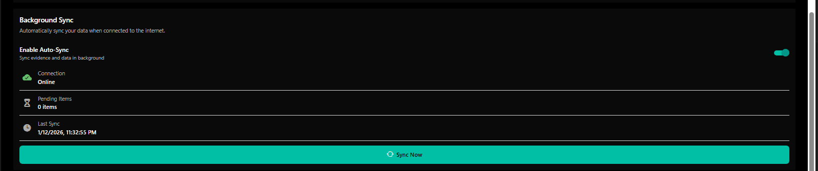 Evidence encryption and background sync settings for secure document management - 3mpwrApp data security