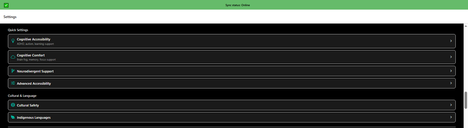 More settings quick access to cultural safety, language options, and personalization - 3mpwrApp diversity