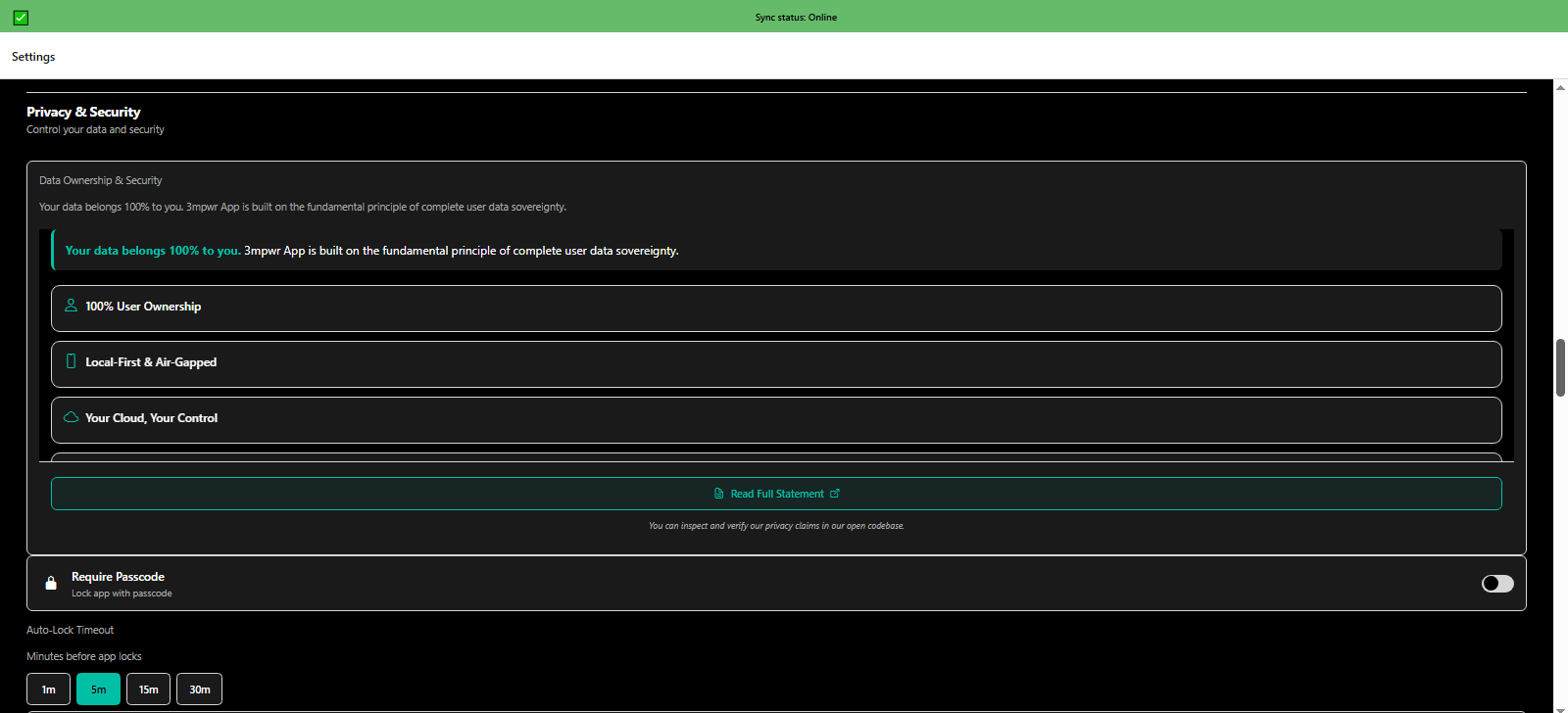 More settings privacy and security including passcode protection and encryption options - 3mpwrApp data safety