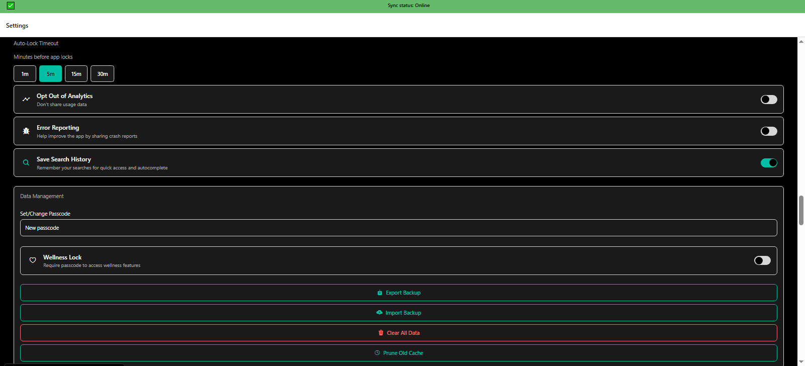 More settings auto-lock timeout, analytics opt-in, error reporting, search history, and data management - 3mpwrApp privacy
