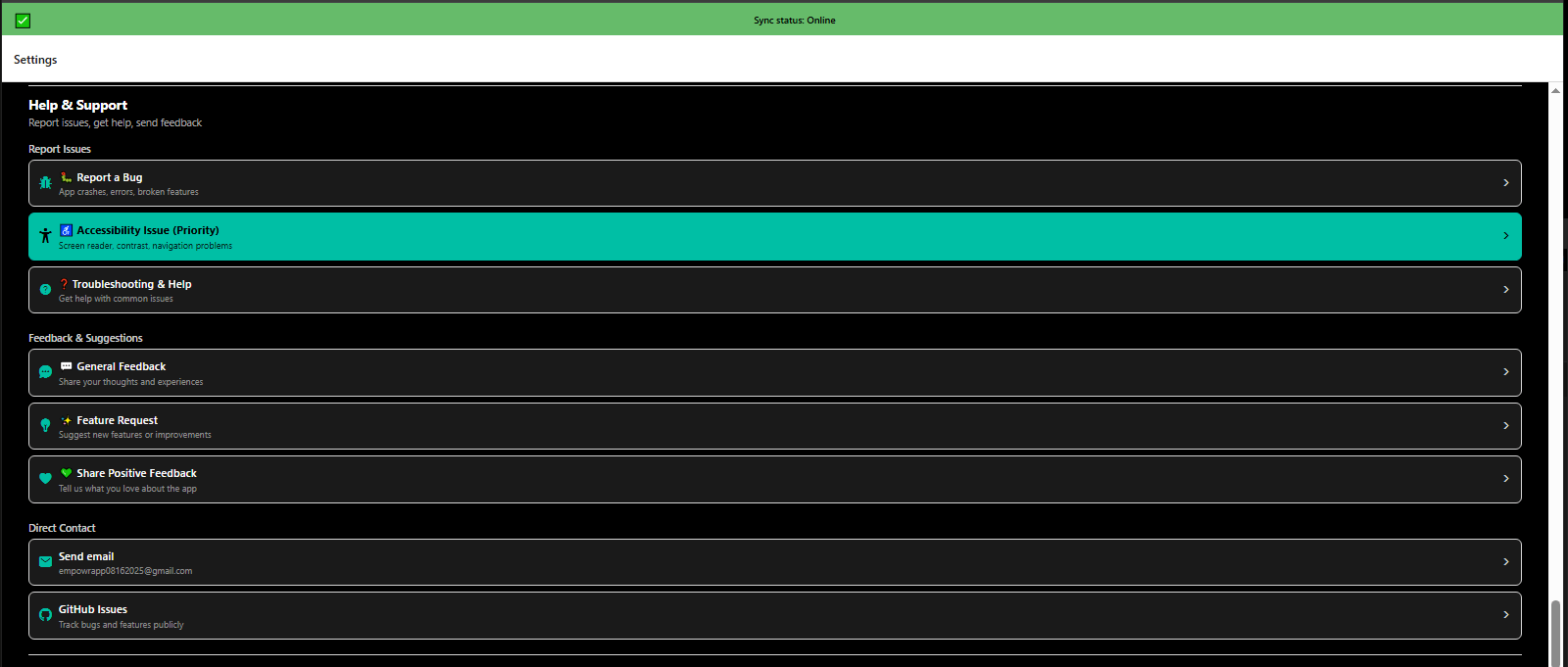 More settings help and support options with tutorials, FAQs, and contact channels - 3mpwrApp assistance