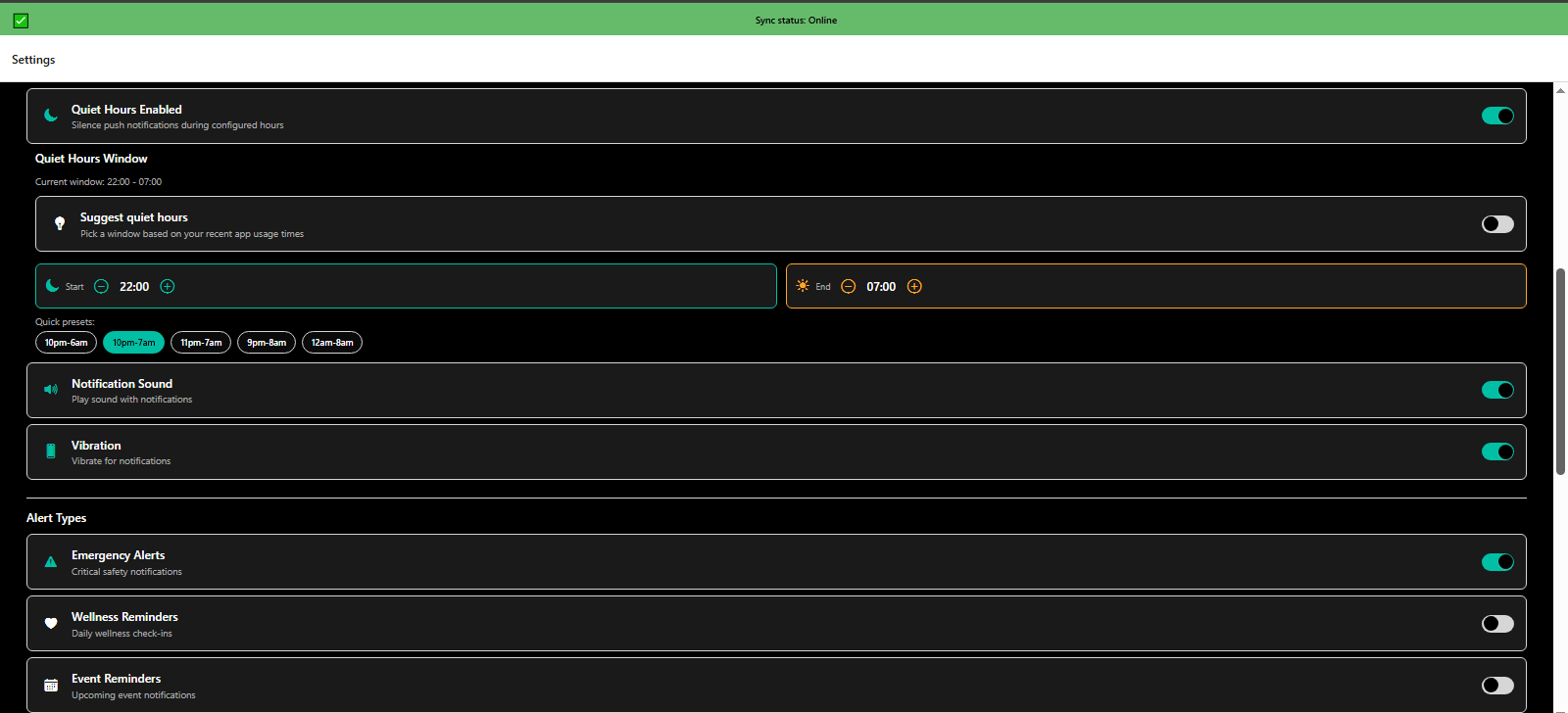 Settings quiet hours configuration and alert type customization - cognitive accessibility - 3mpwrApp