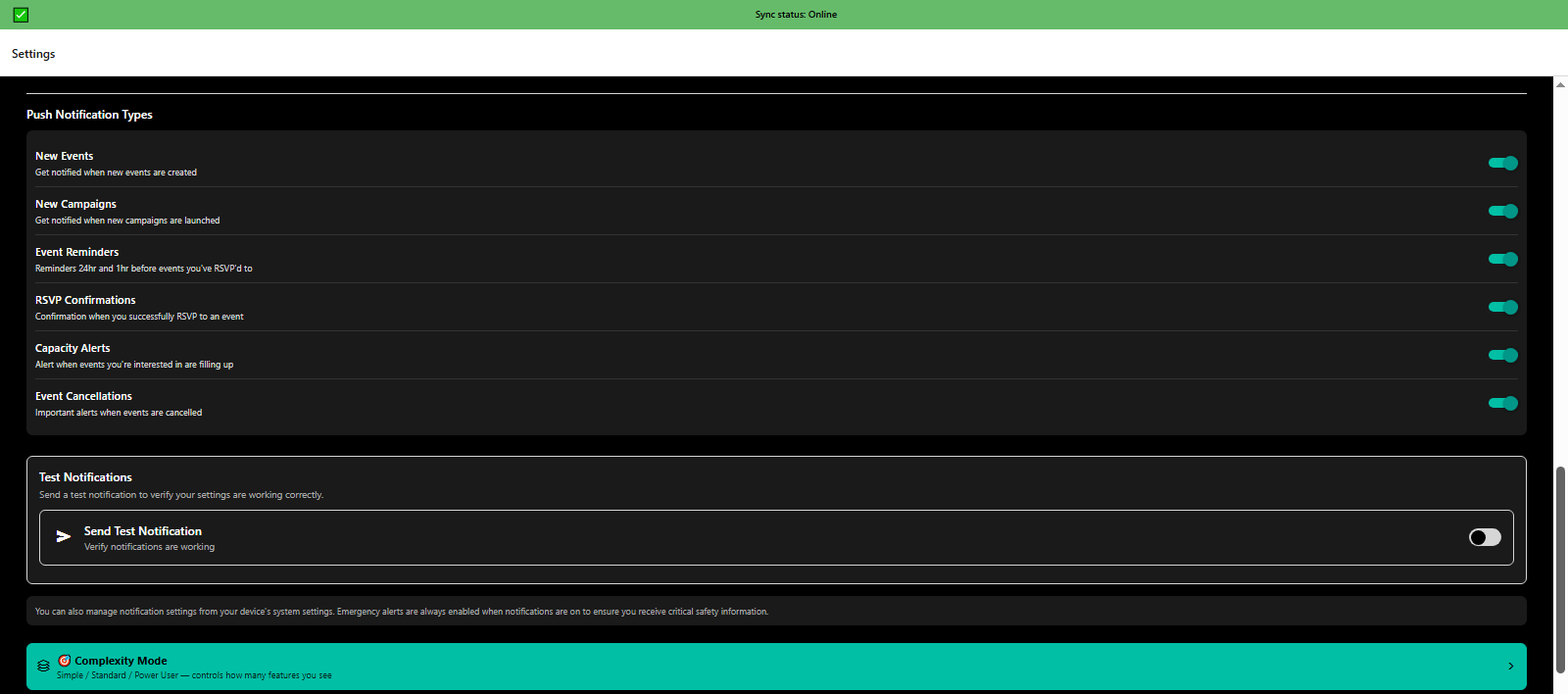 Settings push notification types and complexity mode selection (simple, standard, power user) - 3mpwrApp