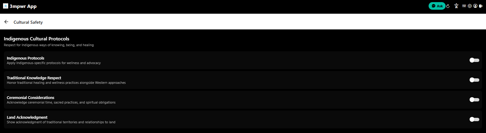 Cultural safety settings