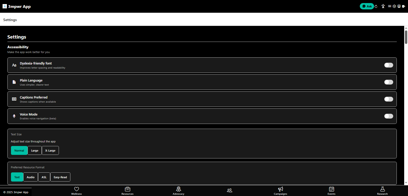 Settings tab main menu