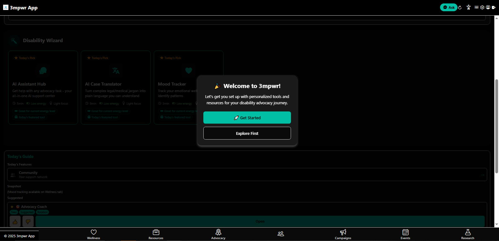 Get started option to explore 3mpwrApp features before creating account - guest mode