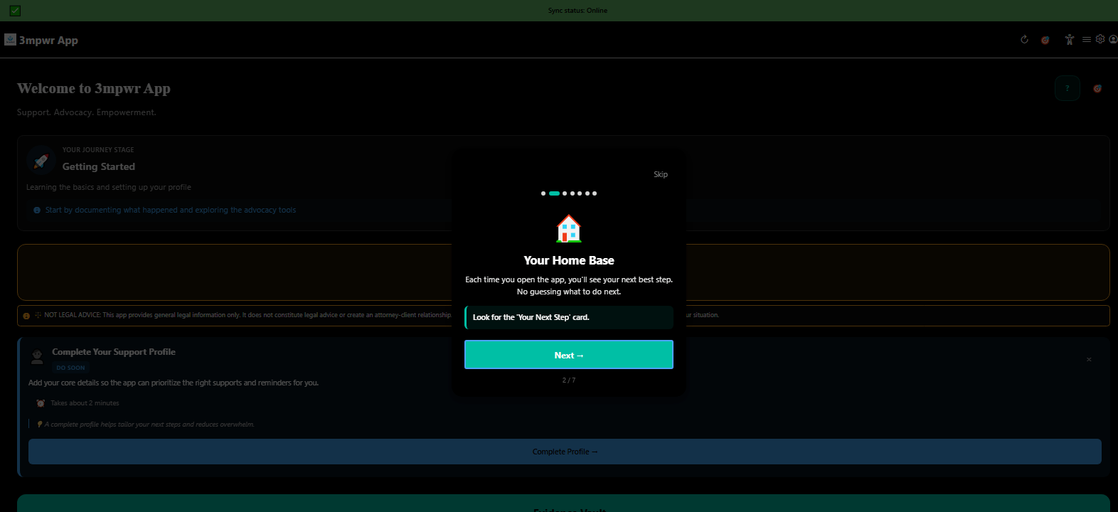 Home base dashboard showing main features and quick actions - 3mpwrApp