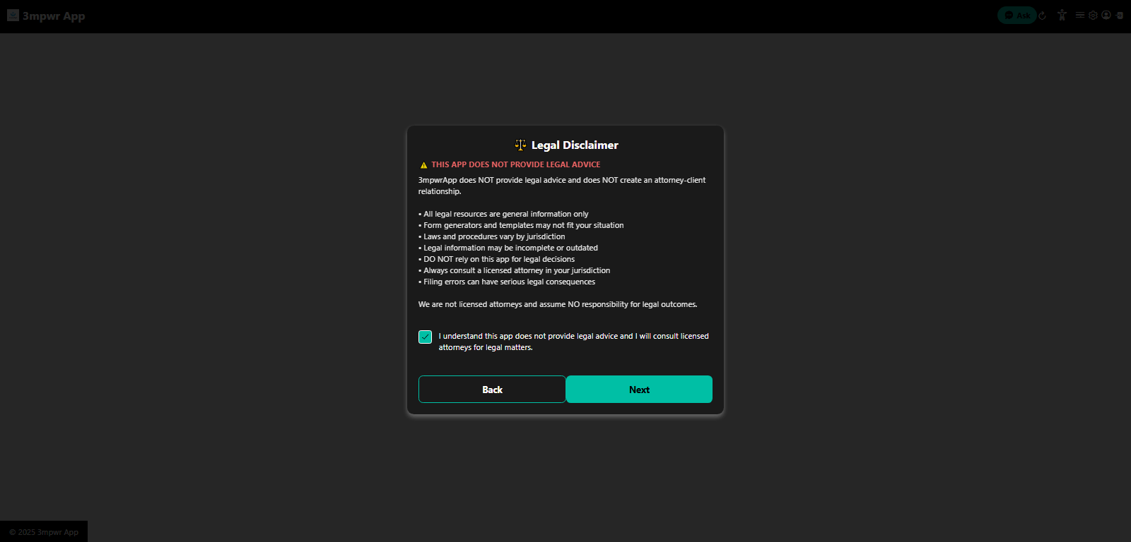 Legal Disclaimer - 3mpwrApp provides information, not legal representation - advocacy tools