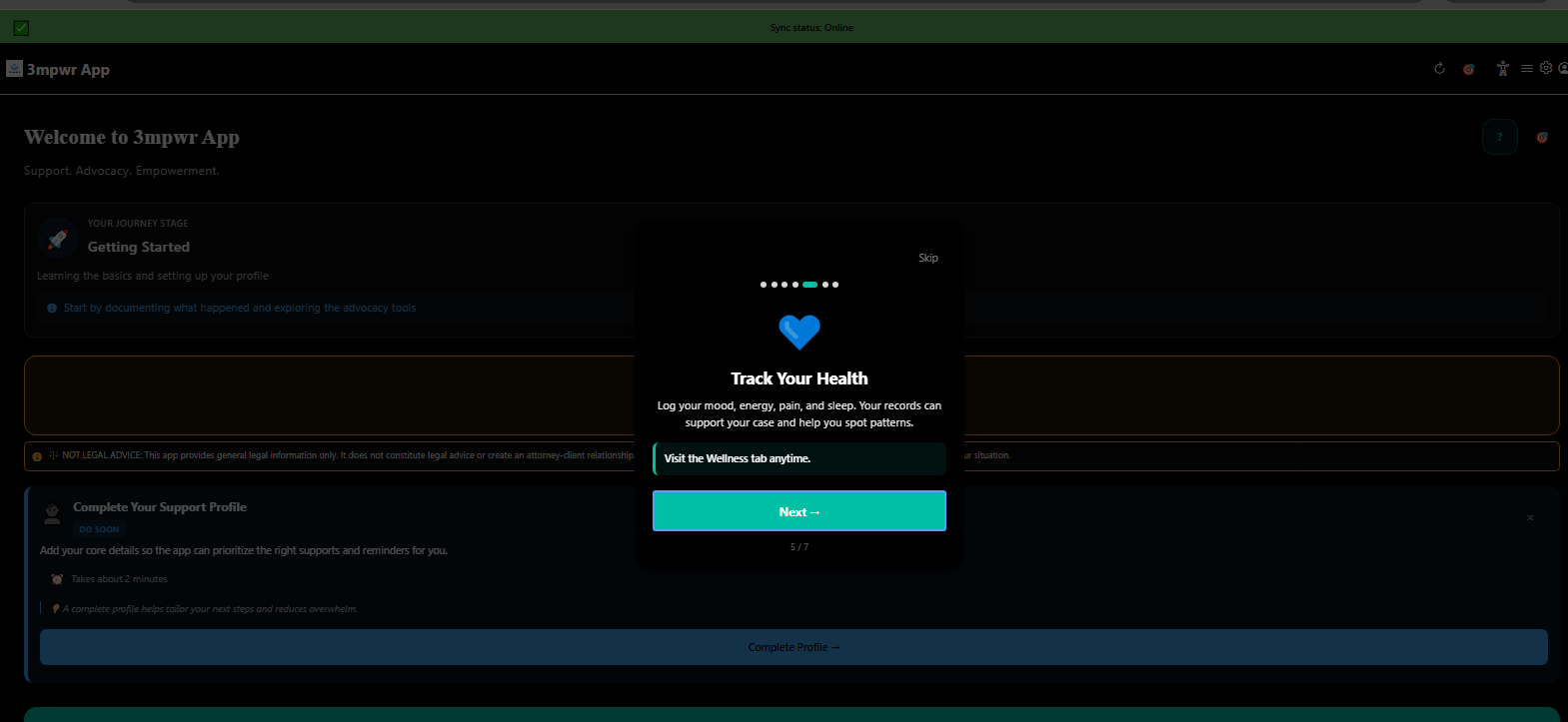Tutorial screen: track health symptoms and energy patterns - 3mpwrApp wellness