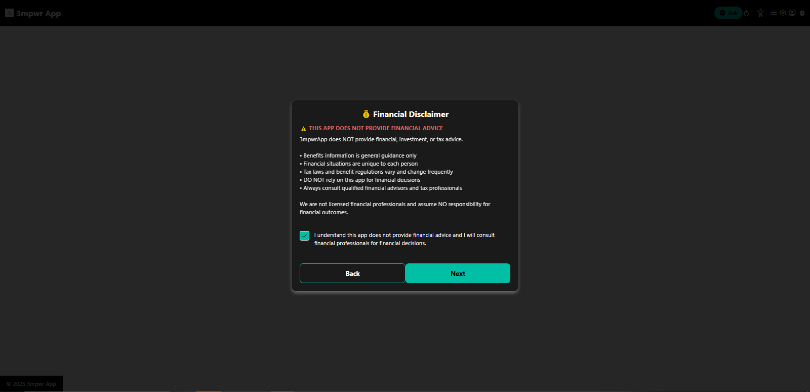 Financial Disclaimer - 3mpwrApp does not provide financial advice - benefits information