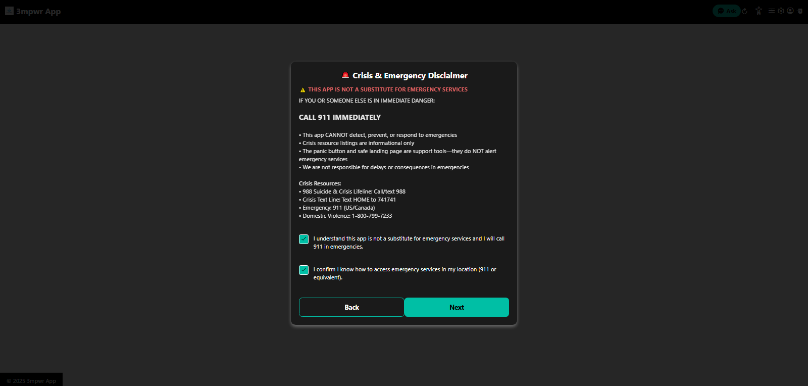 Crisis & Emergency Disclaimer - 3mpwrApp is not a crisis hotline, call emergency services - mental health