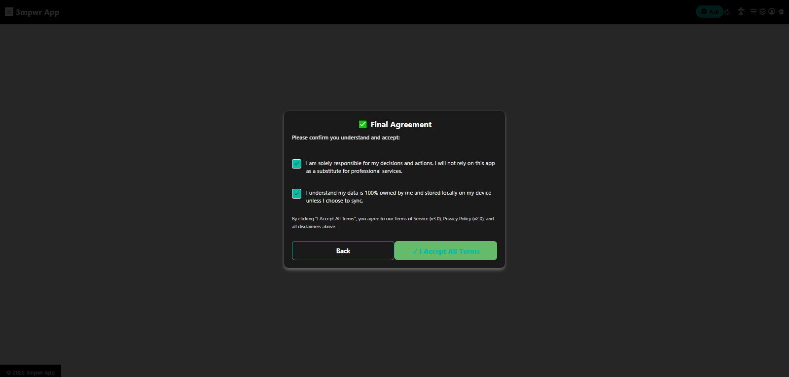 Final agreement acknowledging all disclaimers before accessing 3mpwrApp - consent